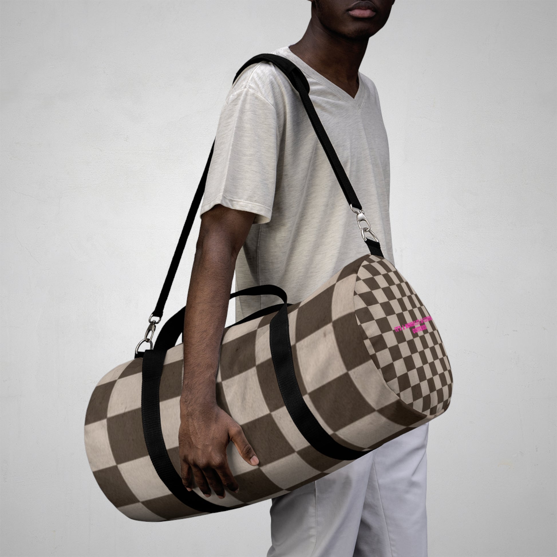 Brownn Checkered Duffel Gym  Bag - COFFEEBRE