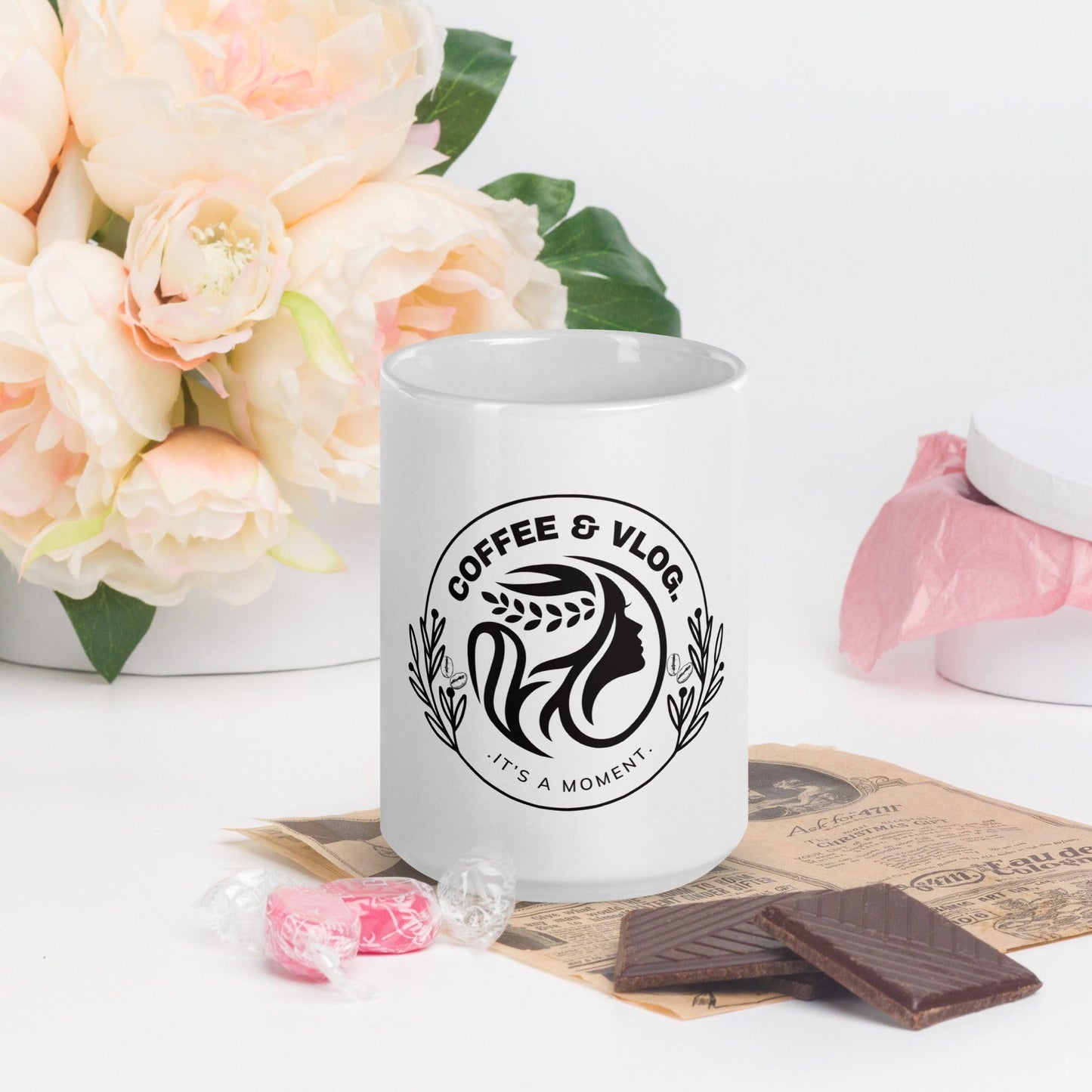 Minimalist White Coffee and Vlog Glossy Mug Gift - COFFEEBRE