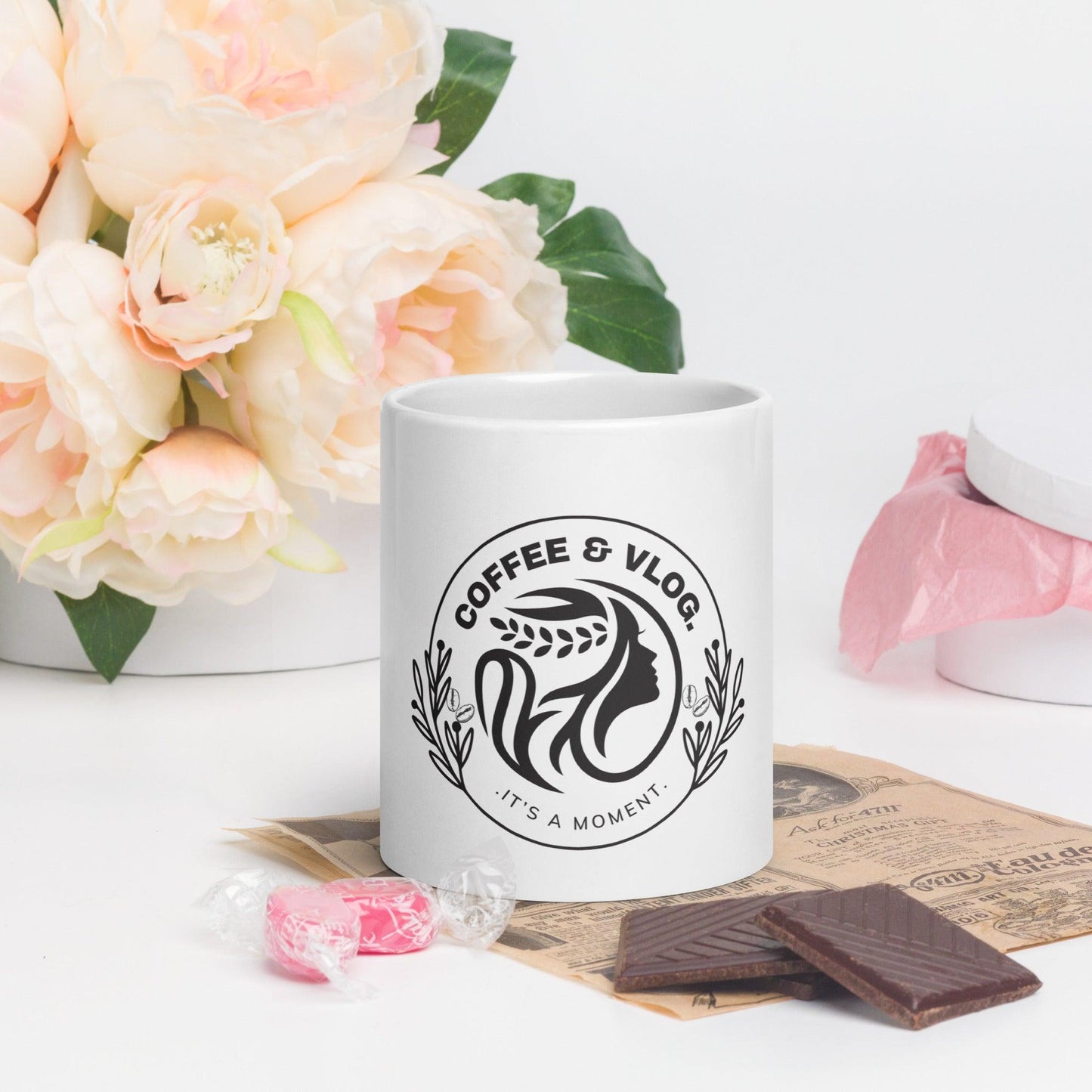 Minimalist White Coffee and Vlog Glossy Mug Gift - COFFEEBRE